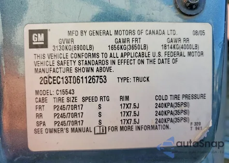 2006 Chevrolet Silverado C1500 из США, поврежденный, VIN 2GCEC13T061126753